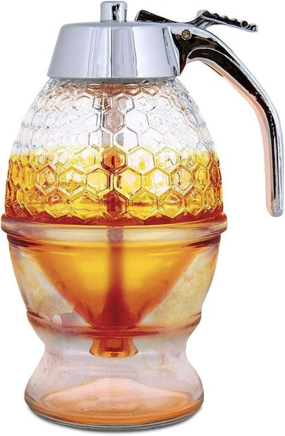 Hunnibi 8oz No Drip Glass Honey Dispenser - Honeycomb Syrup Server with Bee-Themed Stand
