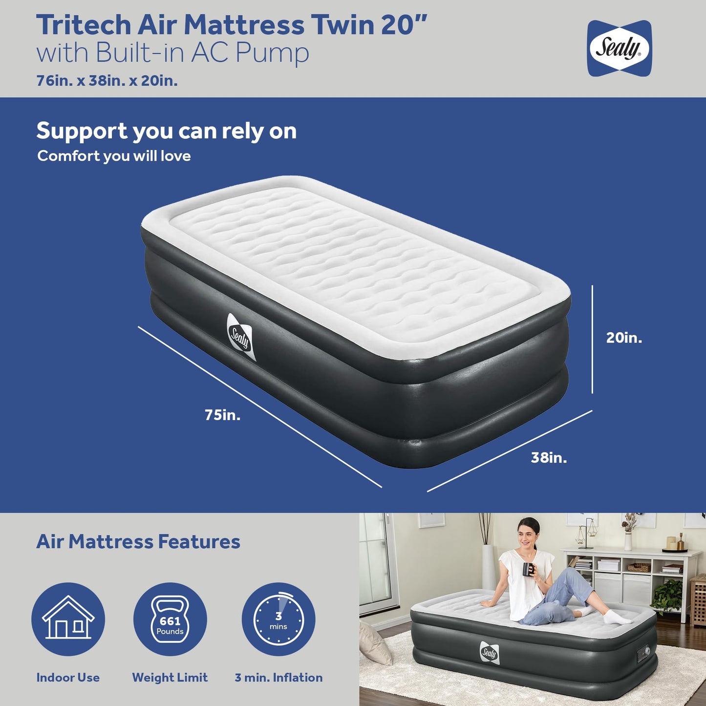 Sealy Tritech 20" Inflatable Air Mattress Bed with Built-in Pump, Storage Bag, and Repair Patch, for Indoor and Outdoor Use, Twin