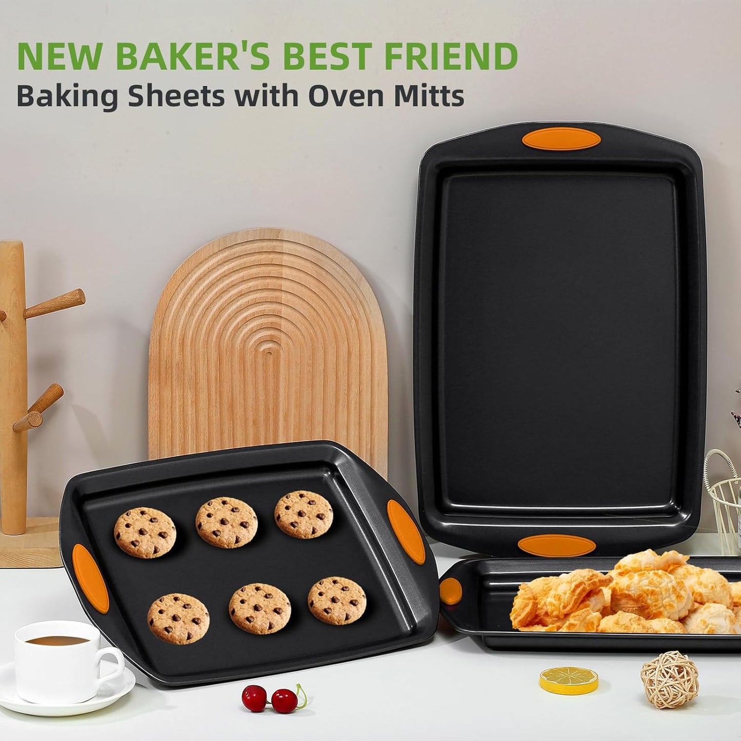 Premium Carbon Steel Baking Pans Set by [Brand Name] - 5-Piece Nonstick Bakeware with Red Silicone Handles