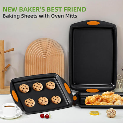 Premium Carbon Steel Baking Pans Set by [Brand Name] - 5-Piece Nonstick Bakeware with Red Silicone Handles