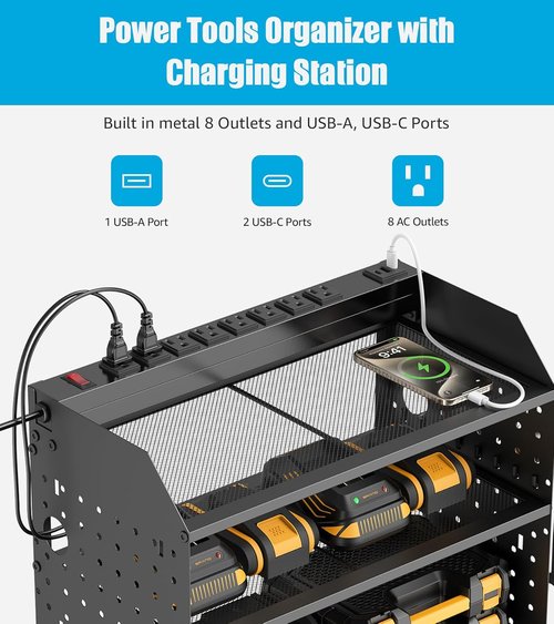 CCCEI Modular Power Tools Organizer - 4-Layer Wall Mount with USB Charging Station | Black, 6FT Cord