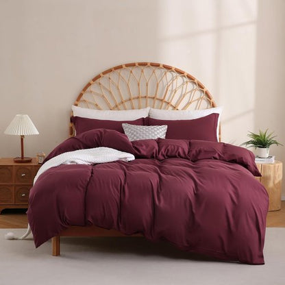 JSD Burgundy Duvet Cover Set - Soft Brushed Microfiber, 3-Piece Queen Size with Pillow Shams