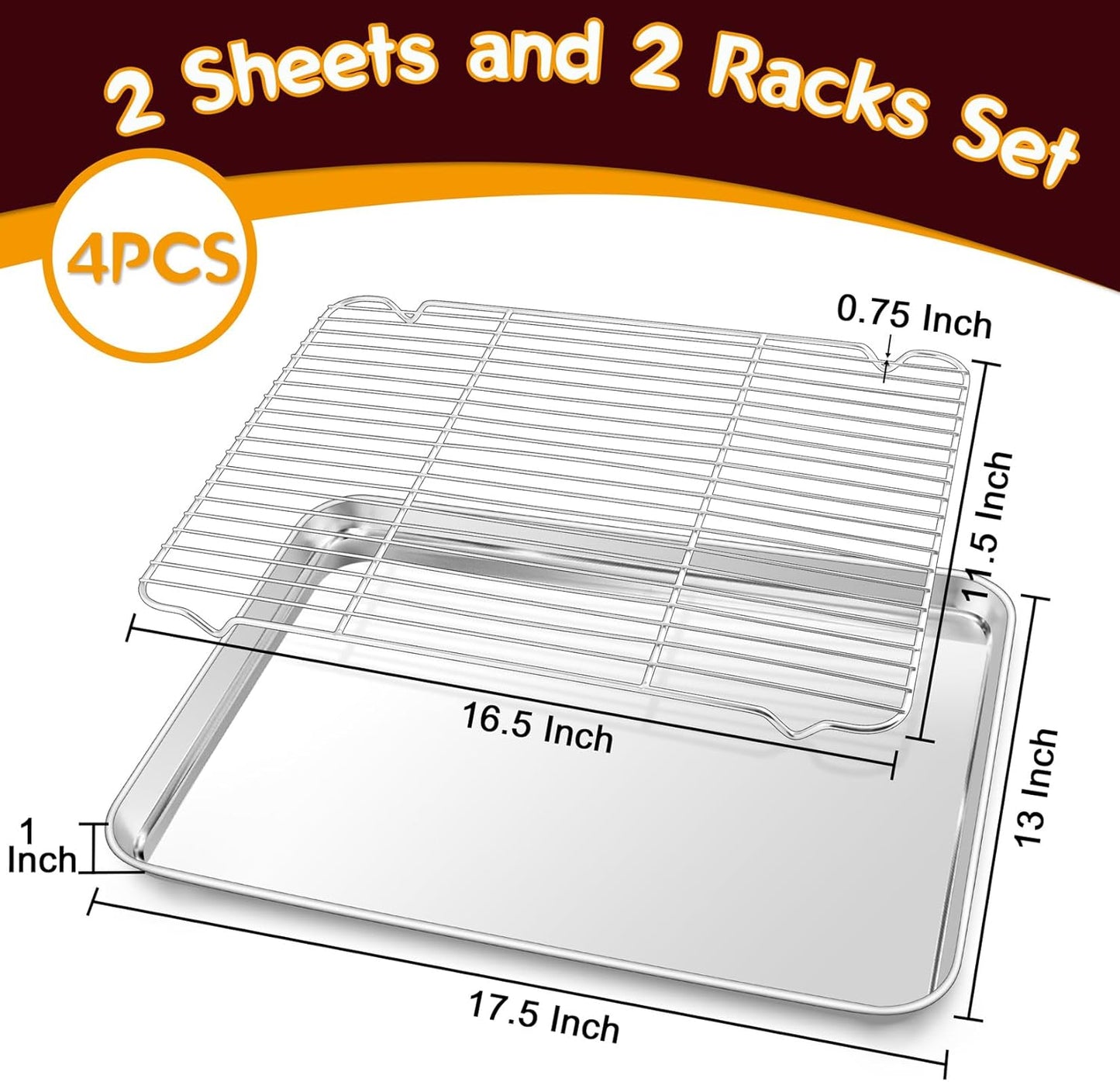 P&P CHEF Stainless Steel Baking Sheet Set - 17.5 Inch Cookie Trays with Cooling Racks | Oven & Dishwasher Safe