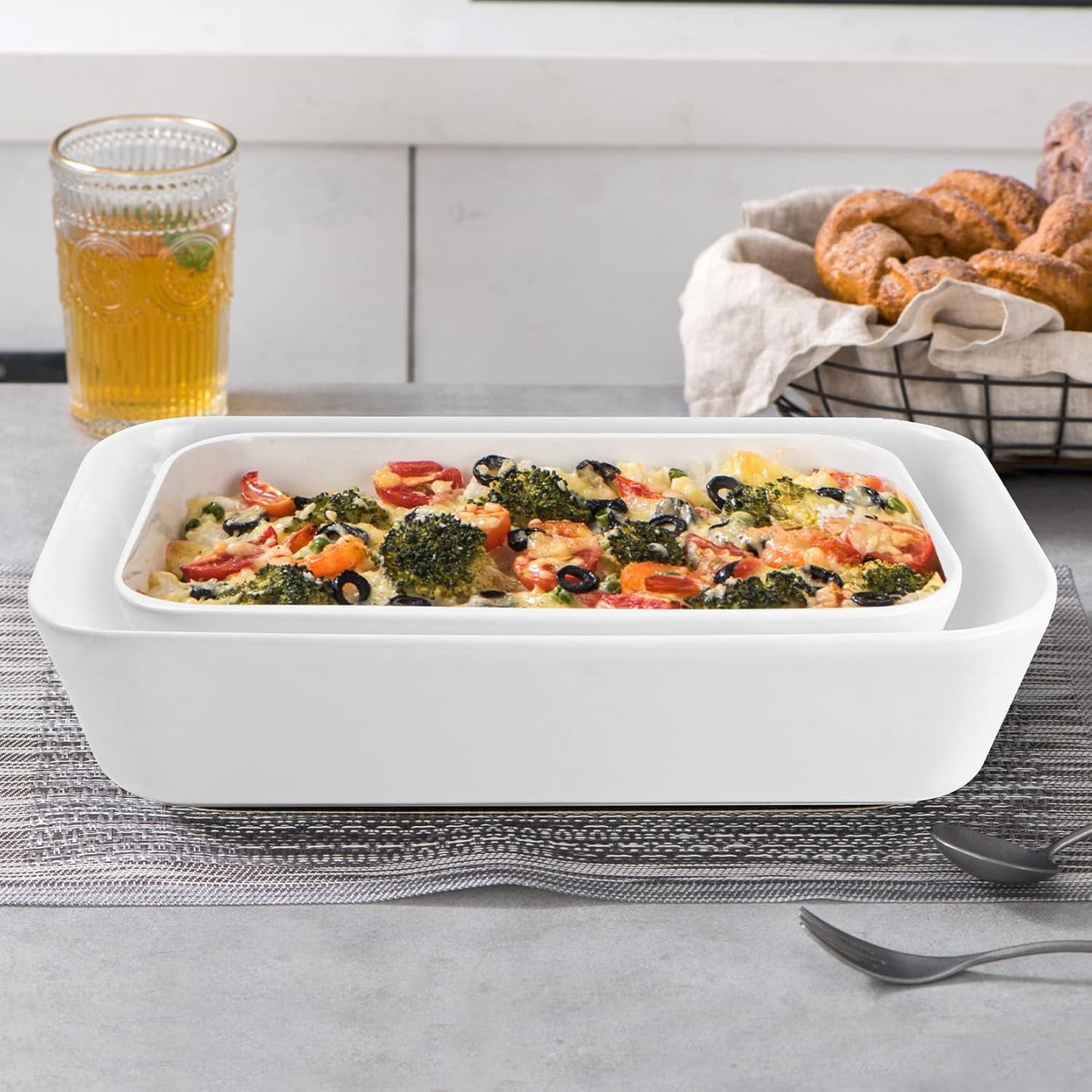 UNICASA Ceramic Oven Dishes - Set of 3 Rectangular Lasagne Dishes | Non-Stick Reactive Glaze, White