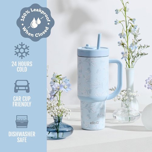 Ello Oasis 30 oz Tumbler - Insulated Stainless Steel Cup with Handle & Straw | 100% Leakproof, Keeps Drinks Cold for 24 Hours, Sweet Alyssum