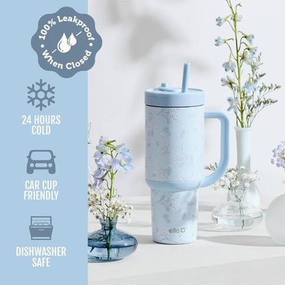 Ello Oasis 40 oz Tumbler with Handle & Retracting Straw | Reusable Insulated Stainless Steel Cup 100% Leakproof, Gifts for Teens Women Men | Keeps cold for 24 Hours, Cup Holder Friendly, Sweet Alyssum