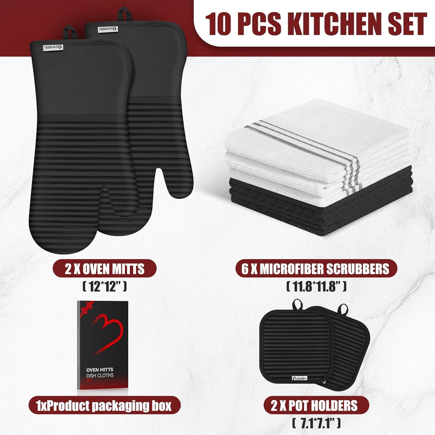 Skiennix Oven Mitts and Pot Holder Set - 500°F Heat Resistant Silicone Grip | 6-Pack Black Cotton Kitchen Essentials