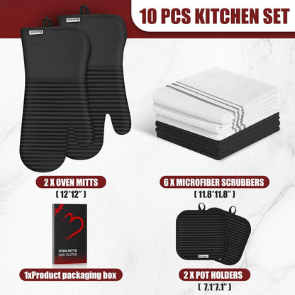 Skiennix Oven Mitts and Pot Holder Set - 500°F Heat Resistant Silicone Grip | 6-Pack Black Cotton Kitchen Essentials