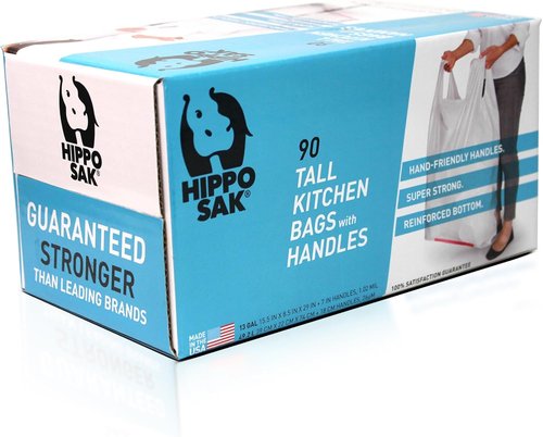Hippo Sak - Heavy Duty 13 Gallon Kitchen Trash Bags with Ergonomic Handles - 90 Count, Leak Proof Design