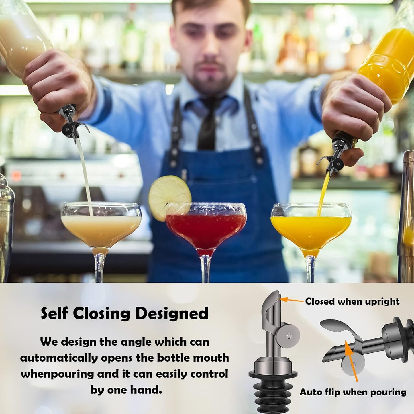 Weighted Stainless Steel Bottle Pourers, Auto Flip Feature Self Closing Olive Oil Dispenser Spout with 1 Cleaning Brush, Liquor Pour Spouts for Pours Liquid, Olive Oil, Wine, Vinegar (Black)