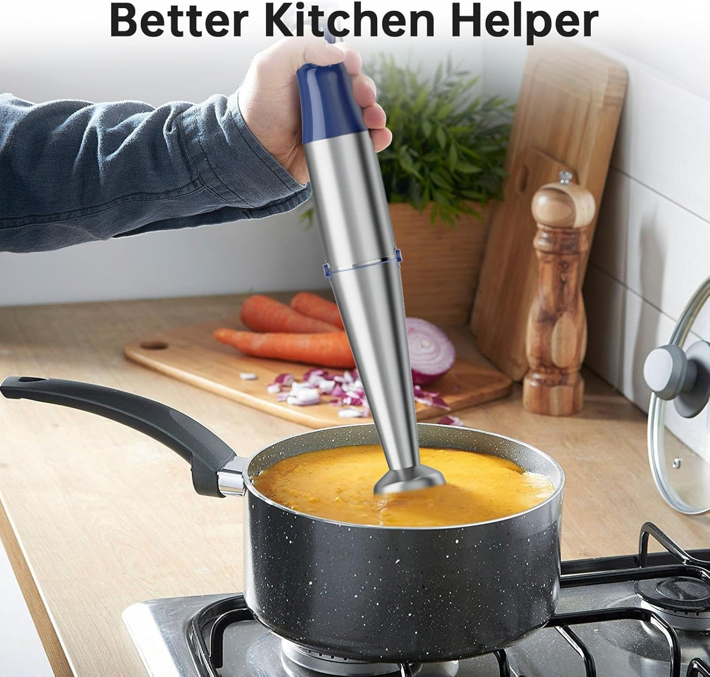 Skiennix Immersion Blender - 1100W Handheld Stick Mixer with Variable Speed, Chopper & Whisk - Navy Blue