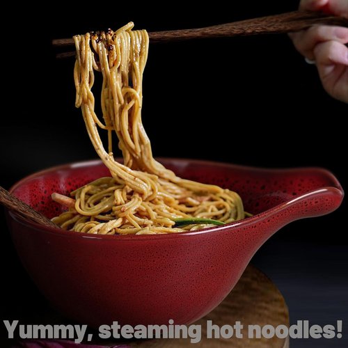 Artena Ramen Bowl - 42oz Ceramic Noodle Bowl Set with Chopsticks | Large Deep Soup & Pasta Bowl in Red