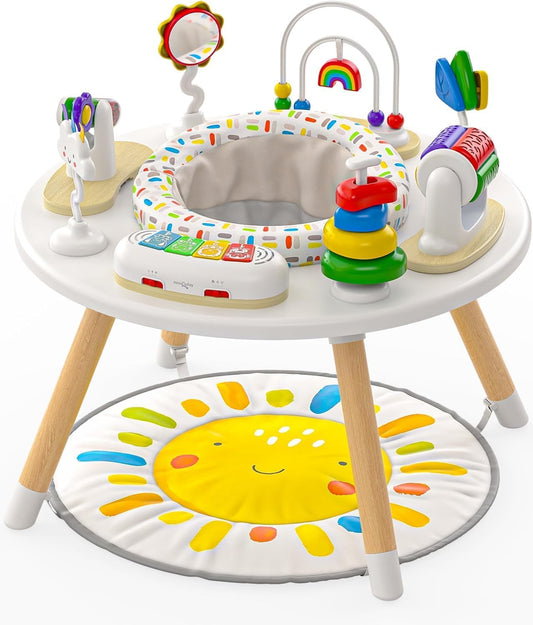 Move2Play 4-in-1 Baby Activity Center - Montessori Design with 8 Interactive Toys | Tummy Time, Exersaucer & Toddler Table | Perfect Gift for 3-12 Months (Sun)