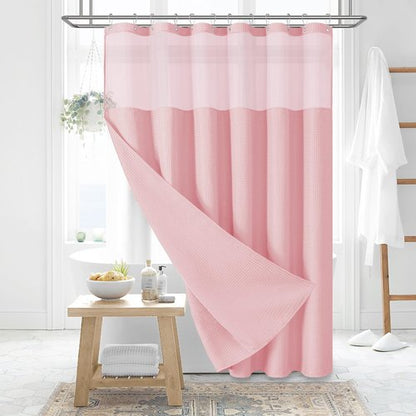 Dynamene Extra Long Shower Curtain, 84 Inch Long Waffle Fabric Shower Curtain for Bathroom, Tall Waterproof Cloth Shower Curtain Liner Set with Hook, Snap in Liner, Mesh Top Window, Pink, 72x84