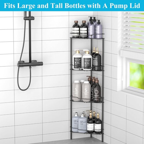 HuggieGems Corner Shower Caddy Organizer - 4 Tier Floor Standing Shelf with Hooks | Matte Black Finish
