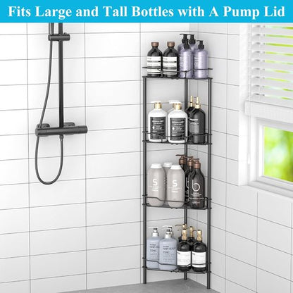 HuggieGems Corner Shower Caddy Organizer - 4 Tier Floor Standing Shelf with Hooks | Matte Black Finish