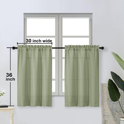 OWENIE Bob 2 Panels Sage Green Kitchen Curtains Sets for Windows 36 Inch Length, Faux Linen Textured Short Cafe Curtains Tiers for Kitchen, Rod Pocket Small Window Drapes for Bathroom, 30Wx36L Inch