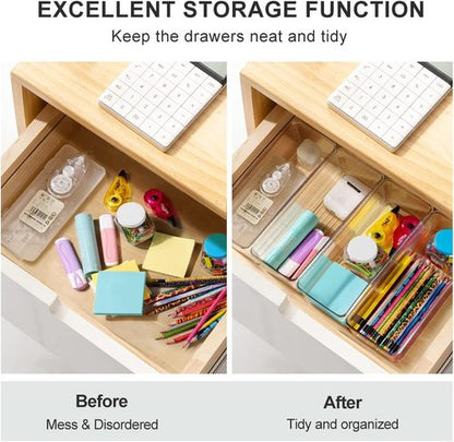 Hudgan Clear Plastic Drawer Organizers Set - Stackable Deep Organizers for Makeup & Desk | 8 Pack, 2 Sizes