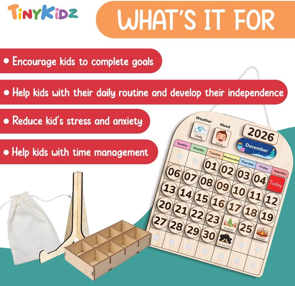 TinyKidz Wooden Calendar - Educational Learning Tool for Kids | Preschool & Toddler Size