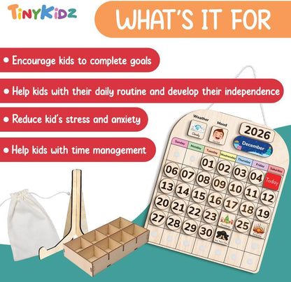 TinyKidz Wooden Calendar - Educational Learning Tool for Kids | Preschool & Toddler Size