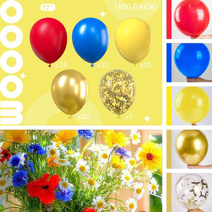 PartyWoo 100 Pcs 12-Inch Red, Yellow & Blue Latex Balloons - Perfect for Baby Showers & Birthday Celebrations