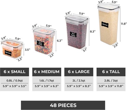 Freshware Kitchen Storage Containers - 48 PCS Airtight Plastic Food Storage Set with Labels & Measuring Spoons