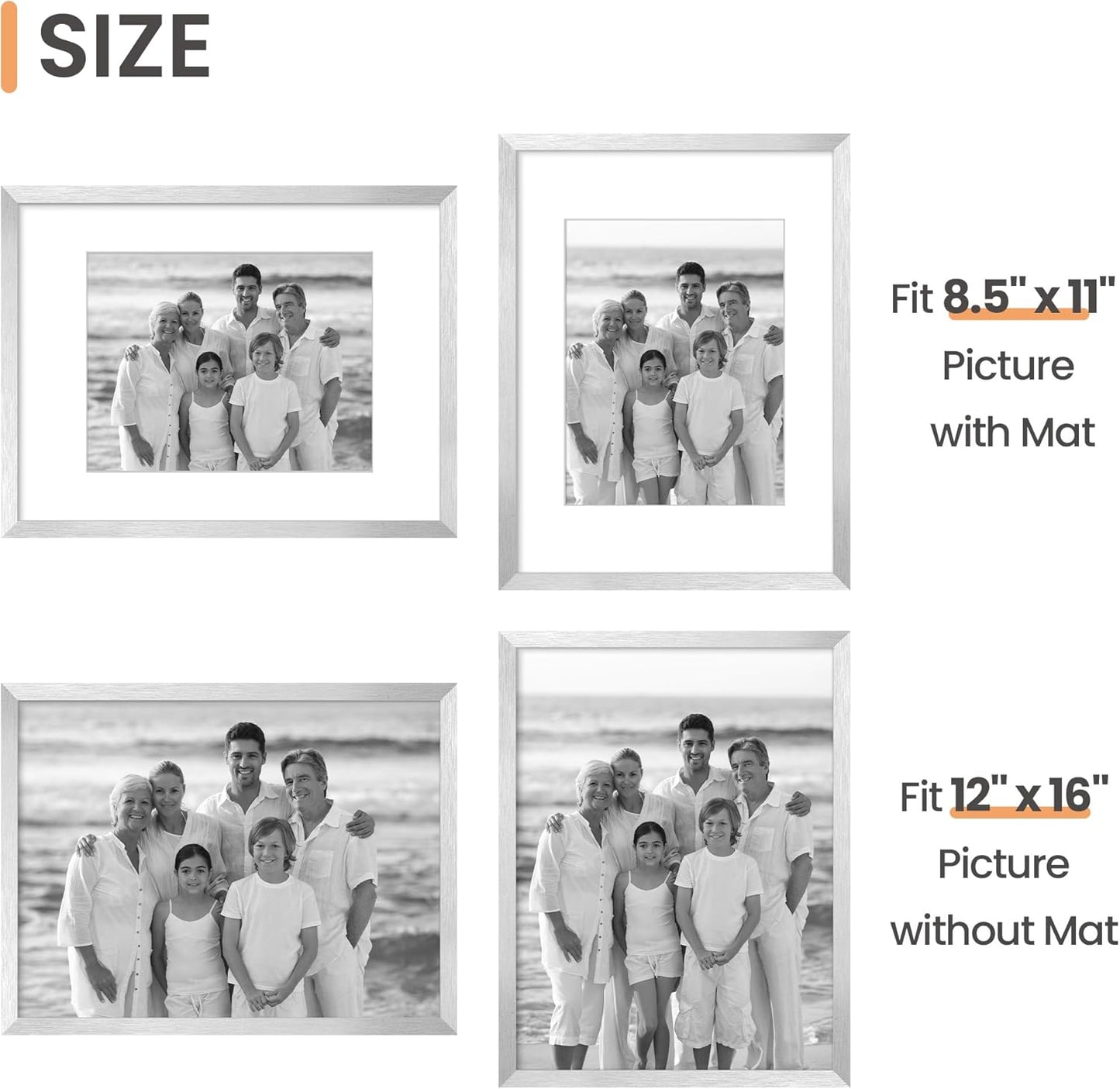 Upsimples 12x16 Picture Frame - Versatile Display for 8.5x11 Photos with Mat or 12x16 Without - Silver