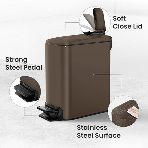Cesun Small Bathroom Trash Can - Soft Close Lid & Step Pedal, 6L Stainless Steel | Anti-Fingerprint Finish (Brown)