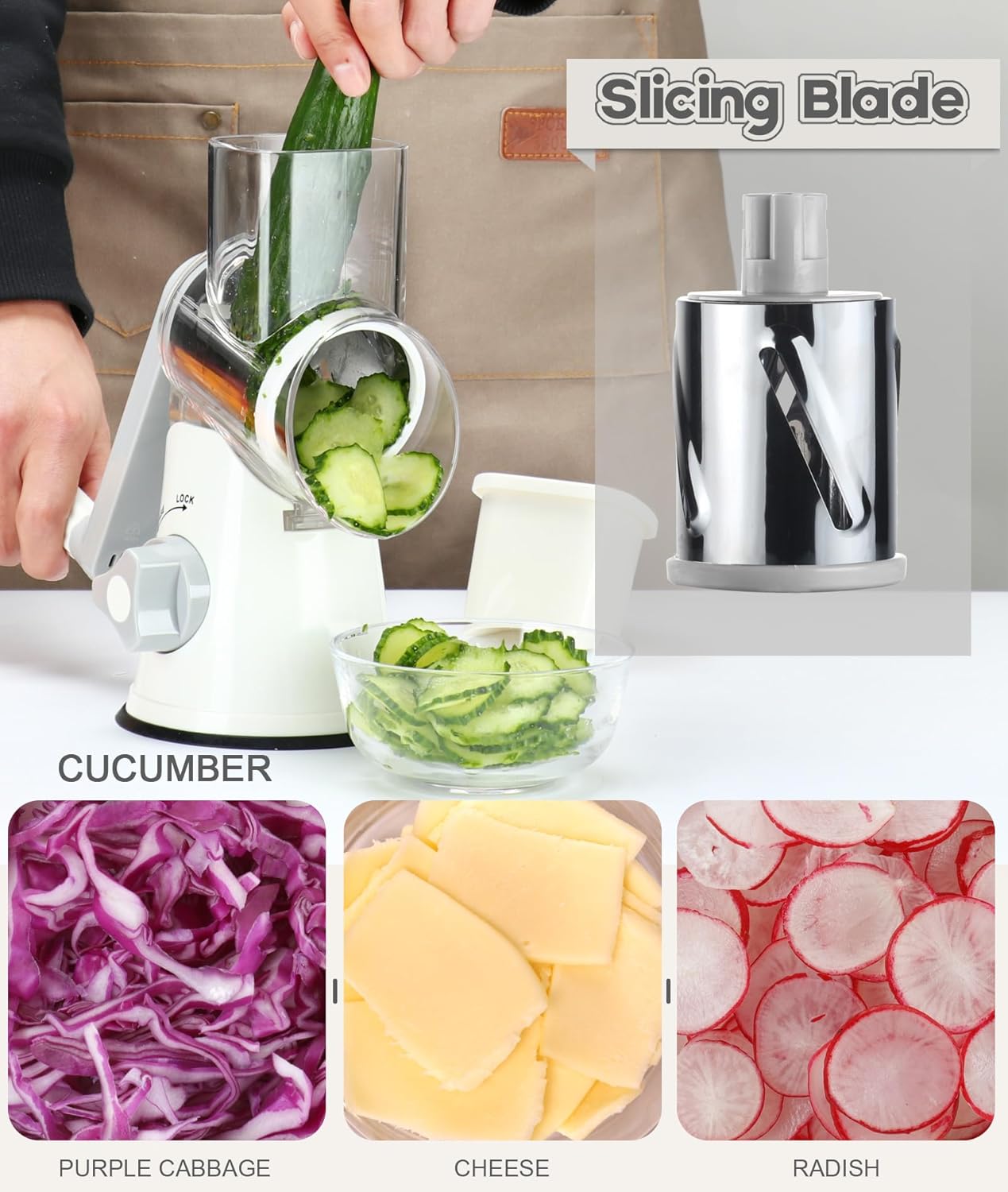Ourokhome Rotary Cheese Grater - Hand Crank Kitchen Shredder with 3 Blades for Cheese, Vegetables & Nuts - White