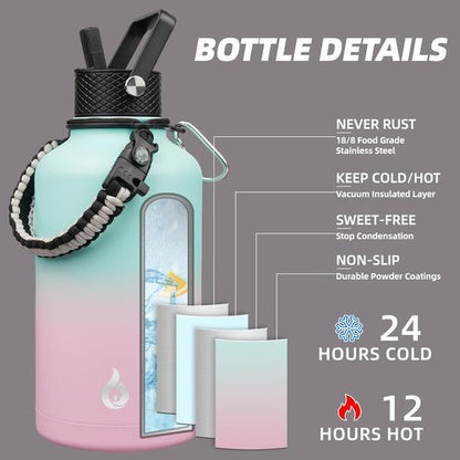 BJPKPK Half Gallon Insulated Water Bottle - 64oz Stainless Steel with 3 Lids & Paracord Strap | Marshmallow Color