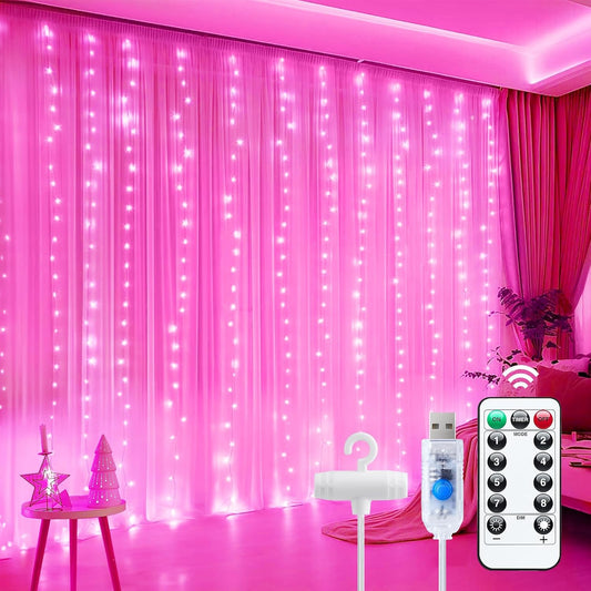 Minetom 300 LED Dimmable Fairy Curtain Lights - Remote & Timer, 8 Modes, USB Powered, Pink Indoor Decor