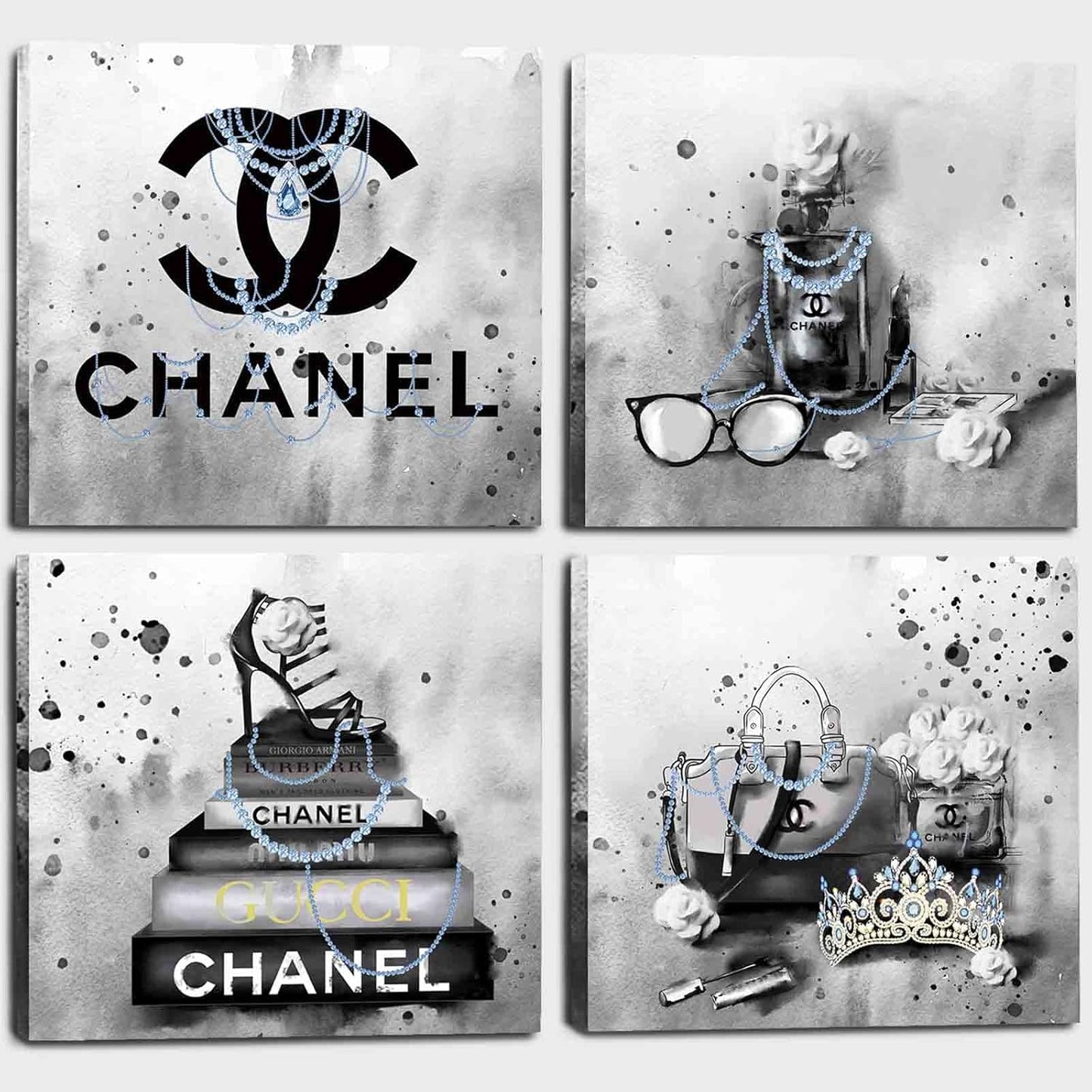 Meetdeceny Bedroom Wall Decor - Black And White Fashion Handbag Art for Teen Girls | Perfume Canvas Prints - 20"x20" - 4 Piece Set