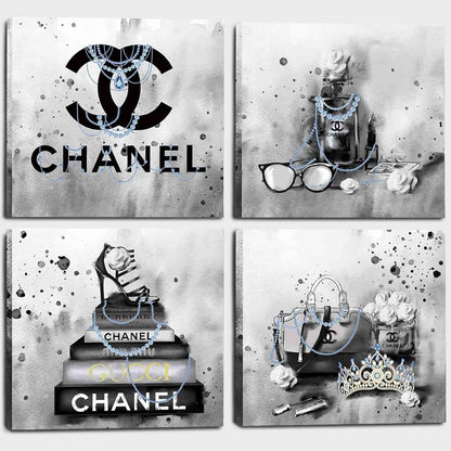 Meetdeceny Bedroom Wall Decor - Black And White Fashion Handbag Art for Teen Girls | Perfume Canvas Prints - 20"x20" - 4 Piece Set