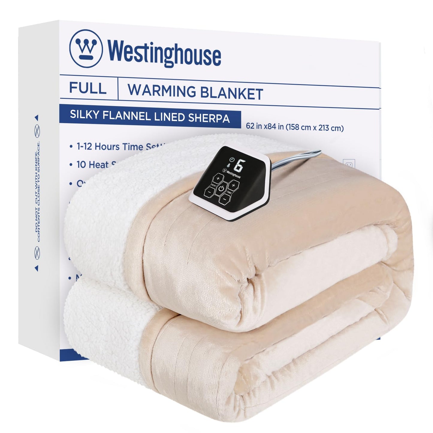 Westinghouse Heated Blanket Twin Size, Soft Flannel to Sherpa Electric Blanket with 10 Heating Levels, 1-12 Hours Auto Shut Off, Fast Heating, Machine Washable, 62x84 Inch, Beige