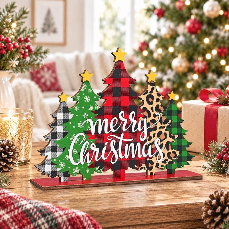 Five-Tree Christmas Sign - Buffalo Plaid & Leopard Print Wooden Christmas Decoration - Variation: Christmas1
