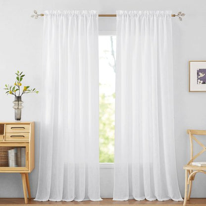 RYB HOME White Semi Sheer Curtains 84 inches Long - Living Room Curtains for Half Privacy, Linen Textured Sheer Light Filtering Vertical Window Drapes for Bedroom Dining, Width 52 inch, 2 Panels