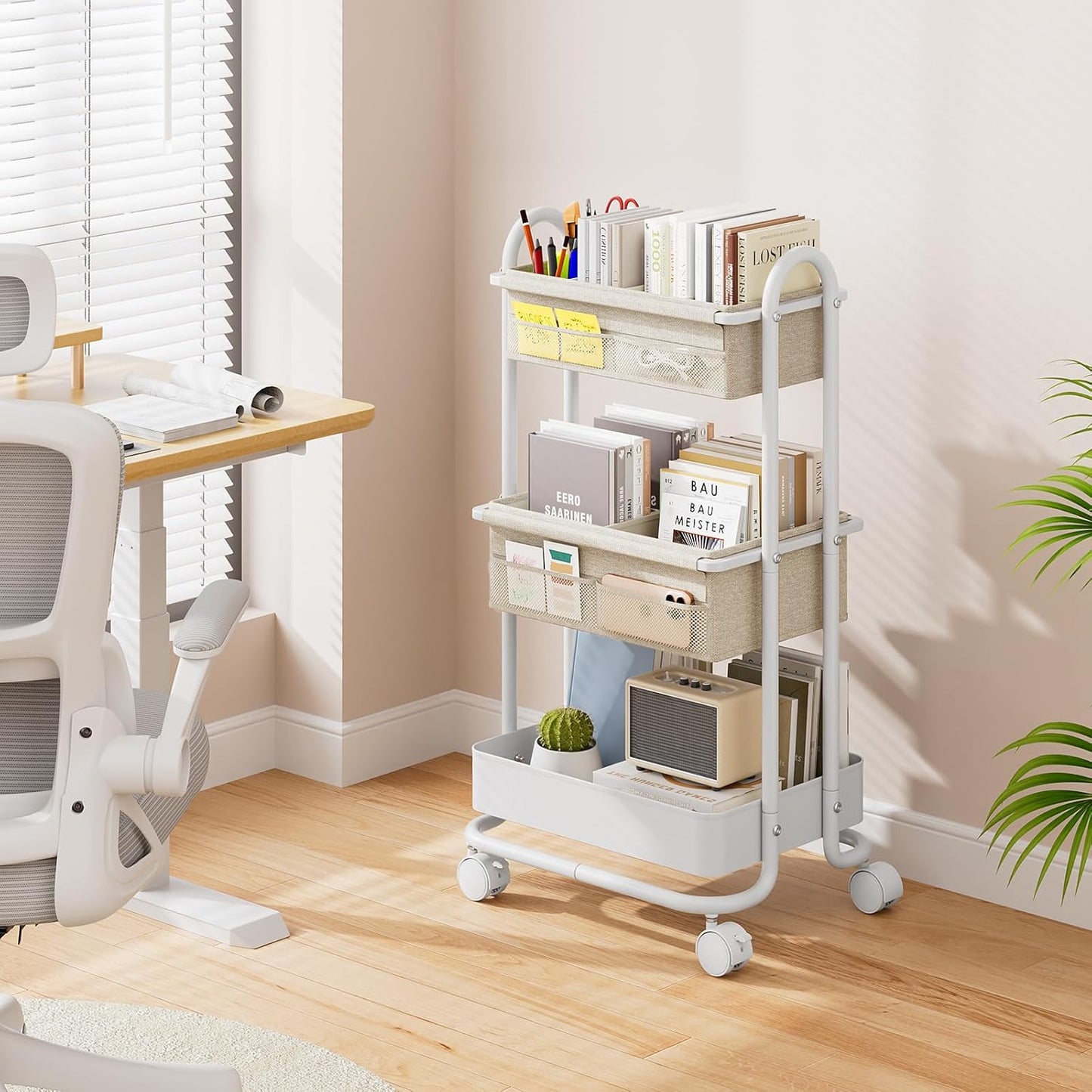 Modanais Baby Diaper Caddy Organizer Cart - 3-Tier Rolling Storage with Detachable Dividers | Off White