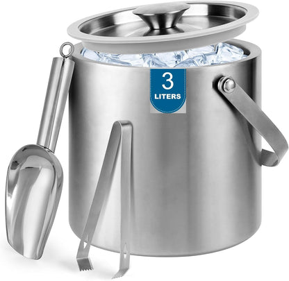 Portable Ice Buckets for Parties,3 Liter Double Wall Ice Bucket with Lid,Scoop,Tongs,Handle,Stainless Steel Ice Container to Keep Ice Frozen Longer- Ideal for Cocktail Bar,Camping,Chilling Beer/Wine