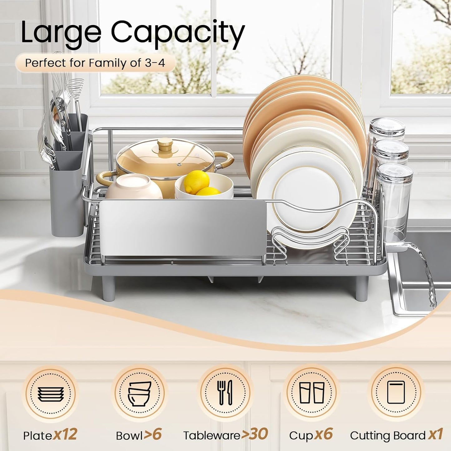 Skiennix Dish Drying Rack - Large Capacity Stainless Steel Kitchen Organizer with Auto Drain Spout | Gray