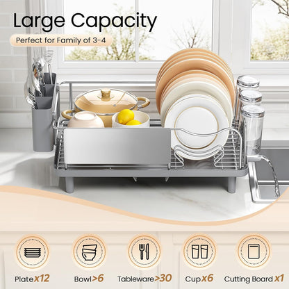 Skiennix Dish Drying Rack - Large Capacity Stainless Steel Kitchen Organizer with Auto Drain Spout | Gray