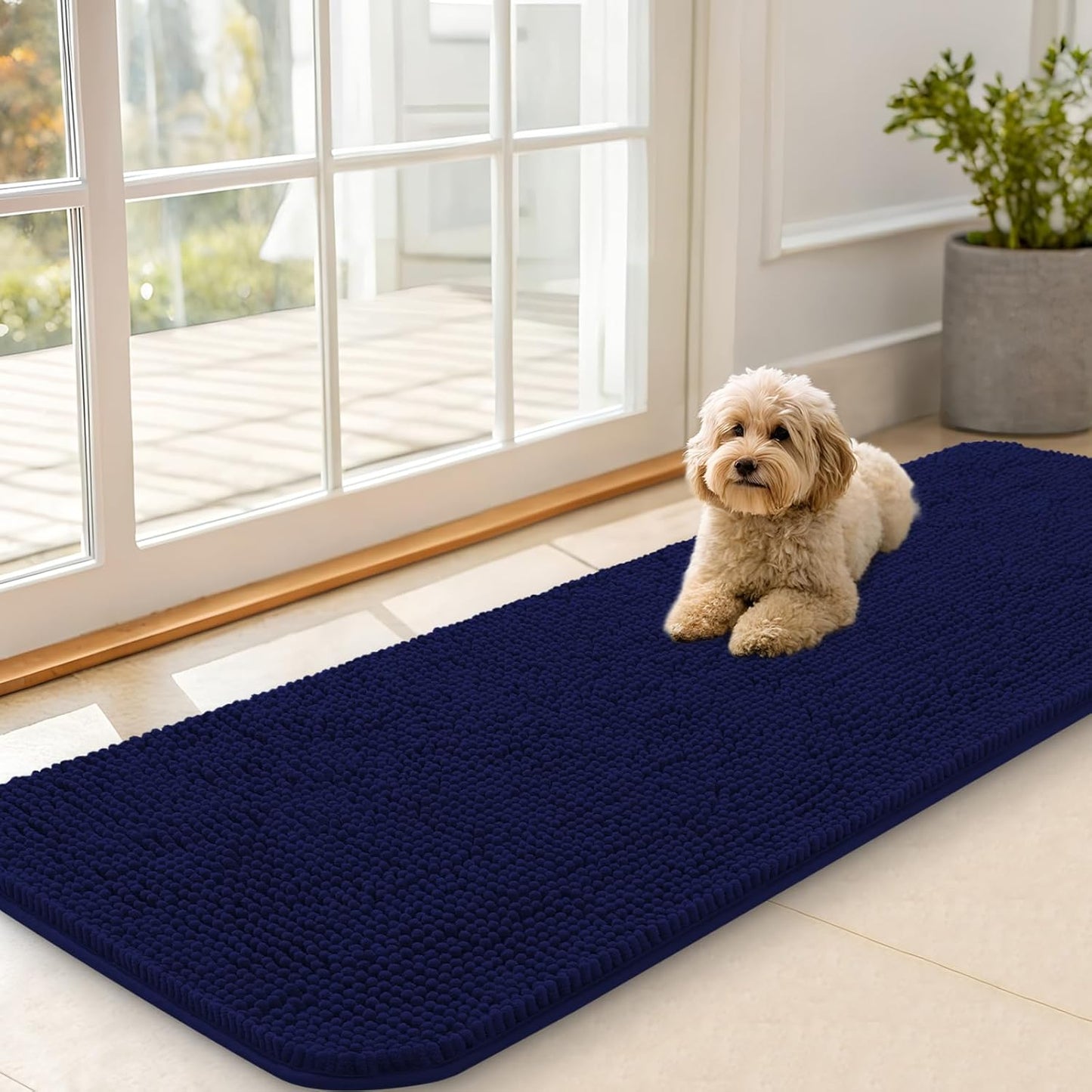 OLANLY Dog Door Mat - Absorbent Non-Slip Chenille Mat for Muddy Paws | 59x20 Inches, Navy Blue