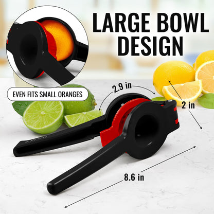 Zulay Metal 2-In-1 Lemon Squeezer Manual - Sturdy, Max Extraction Hand Juicer Lemon Squeezer Gets Every Last Drop - Easy to Clean Manual Citrus Juicer - Easy-to-Use Lemon Juicer Squeezer - Black/Red