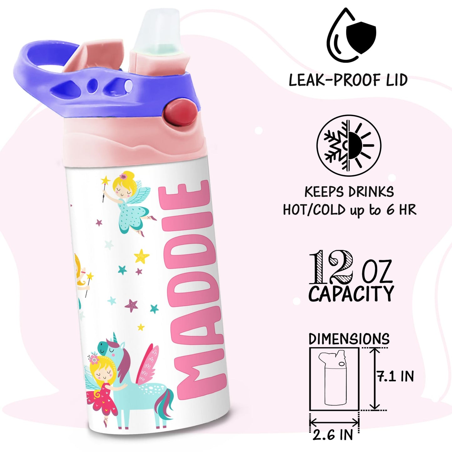 Personalized Kids Water Bottle | 12 Oz Double Wall Insulated Stainless Steel Tumbler | Custom Name Leak-Proof Cup with Straw | Back to School Gift for Toddlers, Children, Boys, Girls | Fairy