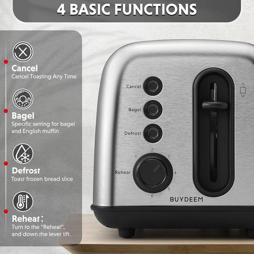 BUYDEEM DT420 Stainless Steel Toaster - Extra Wide Slots for Bagels & Muffins | 6 Shade Settings, Retro Silver
