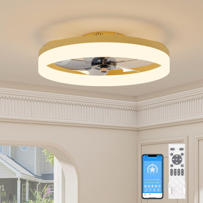 VOLISUN Low Profile Ceiling Fans with Lights and Remote, 19.7in Fandelier Ceiling Fan with Light, 3000K-6500K Dimmable Bladeless LED Fan Light, Gold Flush Mount Ceiling Fans with Lights for Bedroom