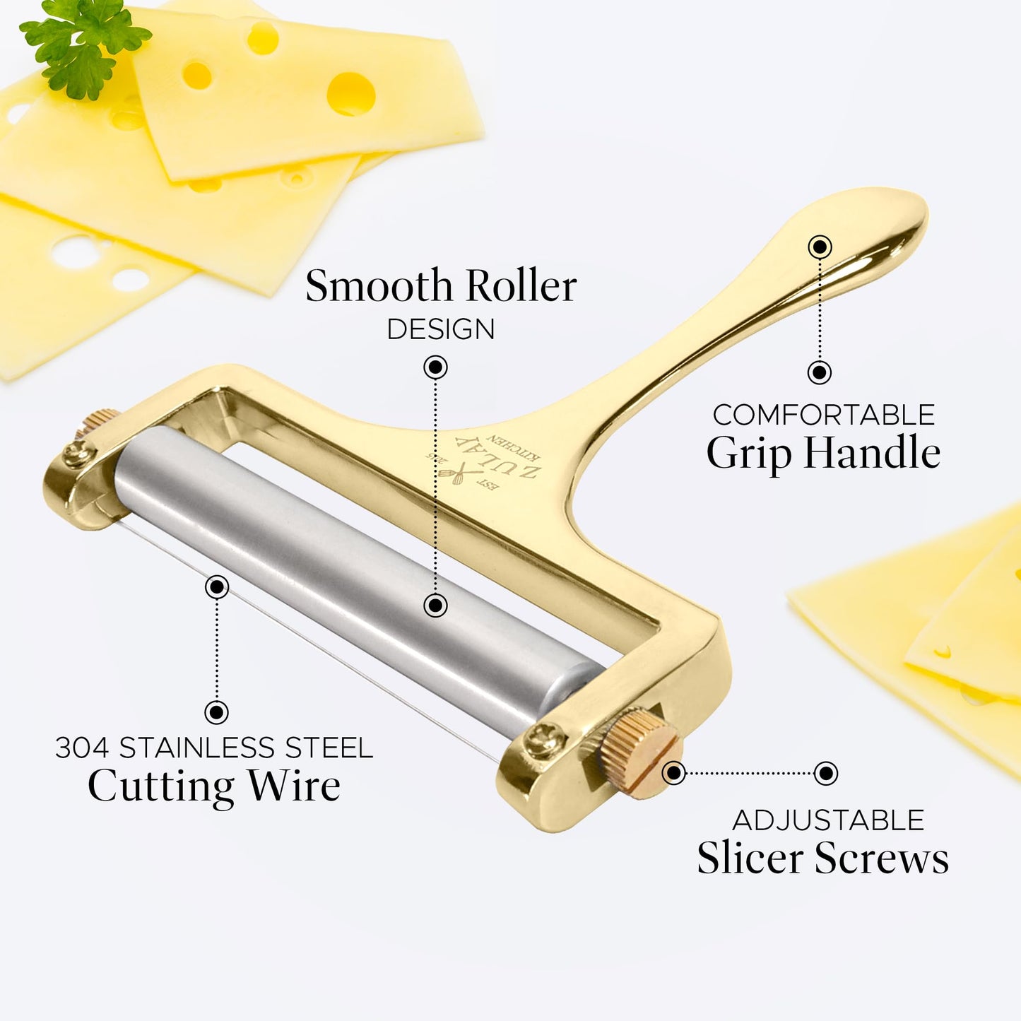 Zulay Cheese Slicer With Adjustable Thickness - Wire Cheese Slicer For Mozzarella Cheese, Cheddar Cheese, Gouda Cheese - Cheese Slicers For Block Cheese Heavy Duty With 2 Extra Wires (Gold)