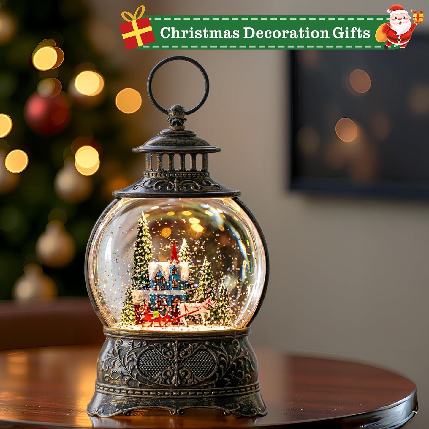 Regine Switzerland Christmas Snow Globe - Musical Water Lantern with Carriage & Timer | USB/Battery Operated