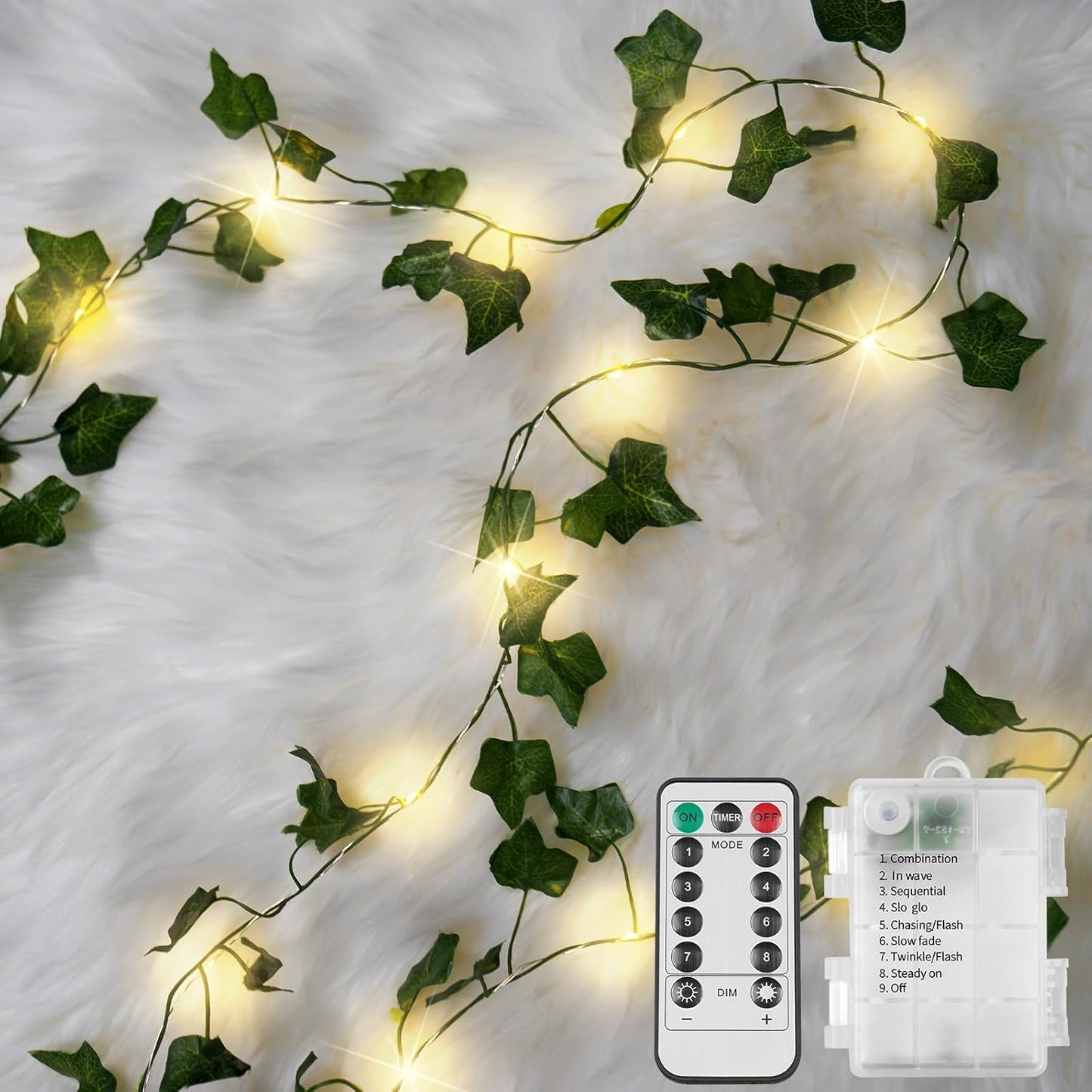 Suddus Ivy String Lights - 33ft 100 LED Battery Operated Fairy Lights with Remote | Warm White Decor for Bedroom, Garden, Party, Wedding