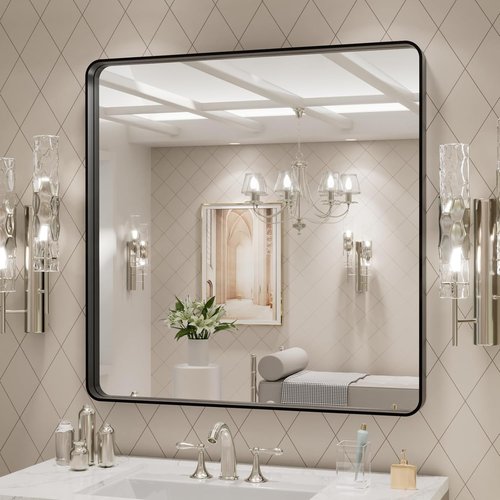 LOAAO Black Metal Framed Bathroom Mirror - 30x30 Inch Large Rounded Rectangle, Anti-Rust, Versatile Hang