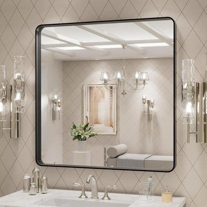 LOAAO Black Metal Framed Bathroom Mirror - 30x30 Inch Large Rounded Rectangle, Anti-Rust, Versatile Hang